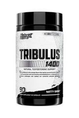 Nutrex Tribulus 1400 dietary supplement bottle promoting testosterone support and muscle recovery, 90 capsules.