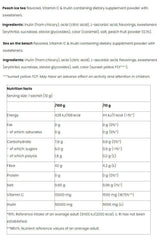 Nutriversum Aqua Plus dietary supplement powder nutrition facts for peach ice tea and sex on the beach flavors.