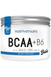 Nutriversum BCAA + B6 dietary supplement container, 200 tablets, with natural amino acids and vitamin B6.