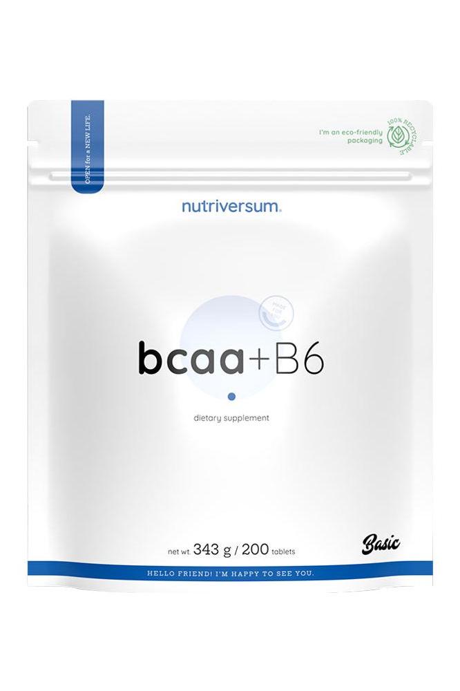 Nutriversum BCAA + B6 dietary supplement, unflavored, 200 tablets, 343g pack, natural 2:1:1 ratio.