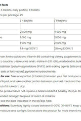 Nutriversum BCAA + B6 supplement nutrition facts table, detailing amino acids and serving recommendations.