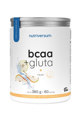Nutriversum BCAA + GLUTA, pear flavor, 360g container with no added sugar, promotes muscle recovery.