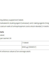 Nutriversum Biotin dietary supplement tablet ingredients and nutritional facts, 30 tablets per sachet.