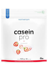 Nutriversum Casein Pro Strawberry protein powder packaging, 500g with 21g protein per serving and no added sugar.