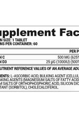 Supplement facts label for Nutriversum Vitamin C+D3 tablets, listing ingredients and nutritional information.