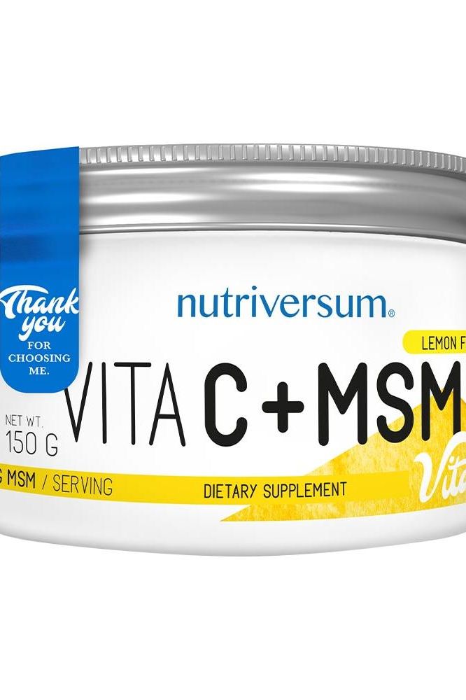 Nutriversum VITA C+MSM dietary supplement in lemon flavor, 150g container for immune support.