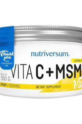 Nutriversum VITA C+MSM dietary supplement in lemon flavor, 150g container for immune support.