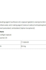 Nutriversum Coenzyme Q10 supplement facts label detailing ingredients and dosage information.