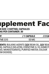 Nutriversum Coenzyme Q10 supplement facts label showing ingredients and dosage information for 60 softgels.