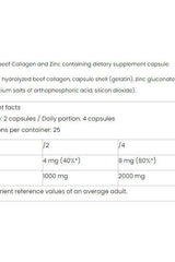 Nutritional information for beef collagen and zinc dietary supplement capsules with serving details.