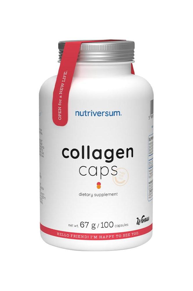 Nutriversum Collagen Caps dietary supplement for women, 100 capsules in a white bottle.