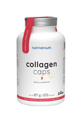 Nutriversum Collagen Caps dietary supplement for women, 100 capsules in a white bottle.