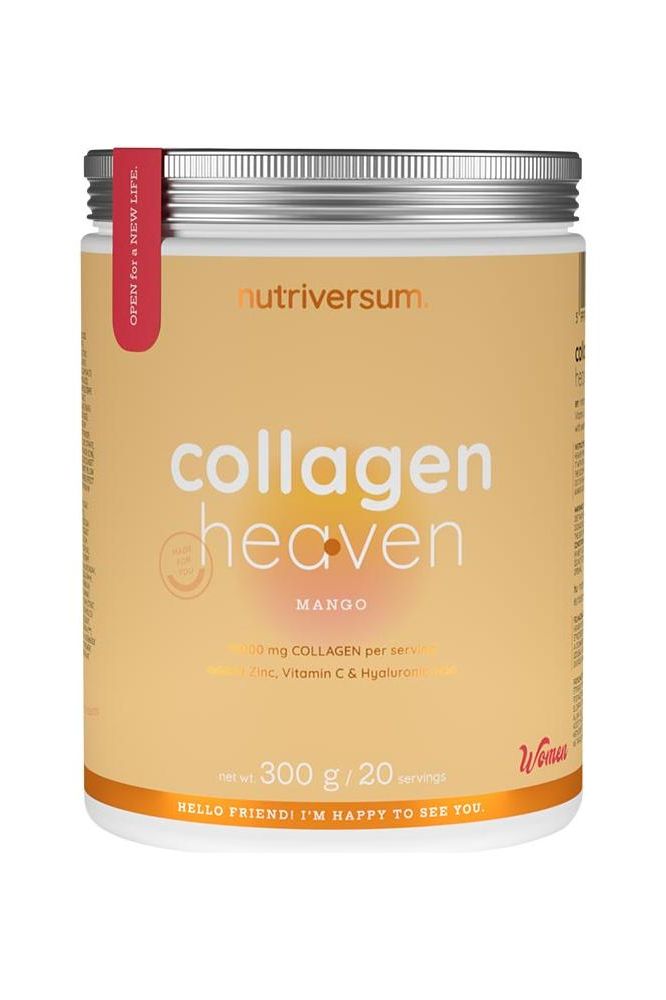 Nutriversum Collagen Heaven mango powder with 10000 mg collagen, antioxidants, vitamin C, and hyaluronic acid.