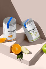 Nutriversum Collagen+ Powder cans with refreshing fruit elements, promoting skin health and joint support.