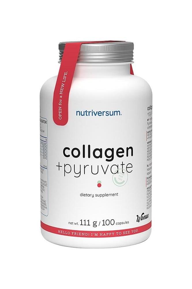 Nutriversum Collagen + Pyruvate dietary supplement bottle with 100 capsules for beauty and diet support.
