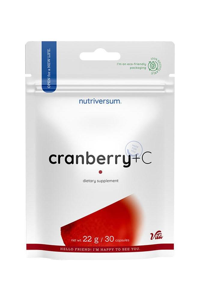 Nutriversum Cranberry + C dietary supplement packaging, 30 capsules, sugar-free, vegan, gluten-free.