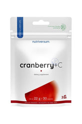 Nutriversum Cranberry + C dietary supplement packaging, 30 capsules, sugar-free, vegan, gluten-free.