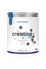 Nutriversum Creatine+ in blackcurrant flavor, 300g, sugar-free product packaging with vibrant design.