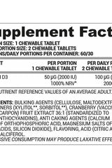 Supplement facts for Nutriversum D3 Chewable tablets showing ingredients and daily values.