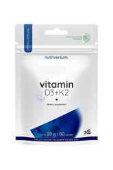 Nutriversum D3 + K2 vitamin dietary supplement package with 60 capsules for healthy bones and immune support.