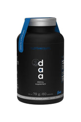 Nutriversum DAA dietary supplement in a black container with 60 capsules for testosterone boosting and energy enhancement.