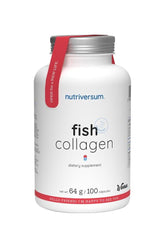 Nutriversum Fish Collagen dietary supplement bottle with 100 capsules for beauty and health support.