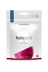 Nutriversum Folic Acid dietary supplement packaging with 30 tablets for prenatal health support.