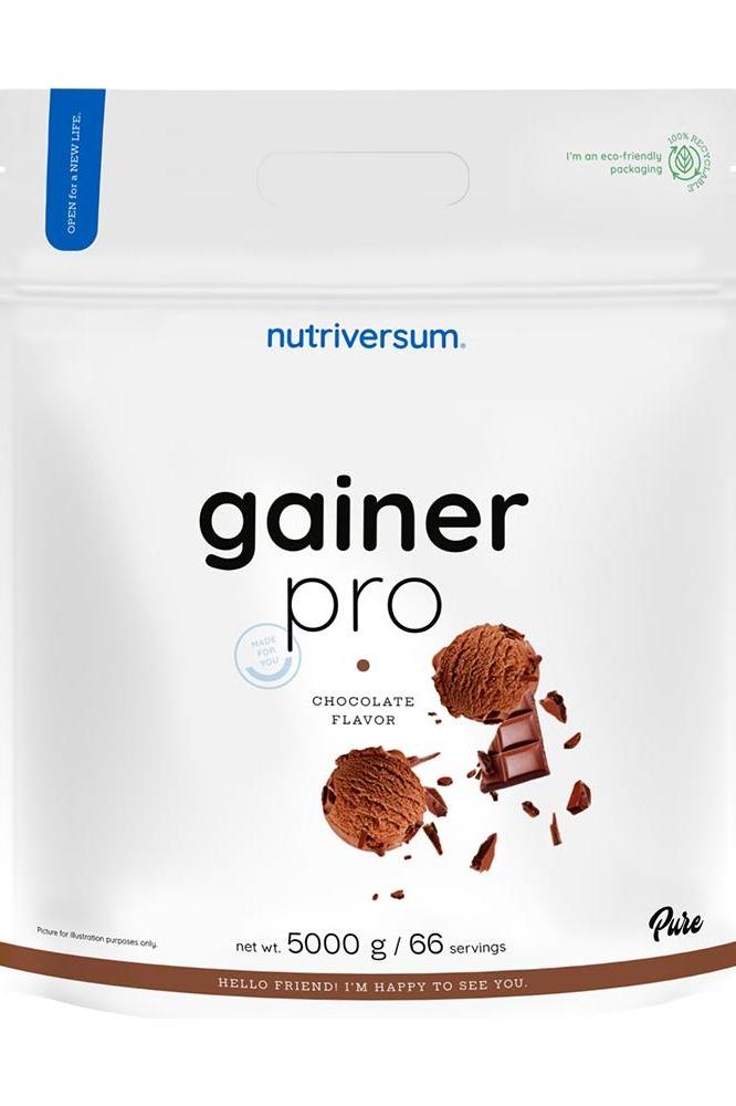 Nutriversum Gainer Pro protein powder bag, chocolate flavor, 5000g for muscle gain and energy.