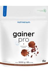 Nutriversum Gainer Pro protein powder bag, chocolate flavor, 5000g for muscle gain and energy.