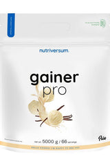 Nutriversum Gainer Pro protein supplement packaging, 5000 g, classic flavor, 66 servings, energy and muscle support.