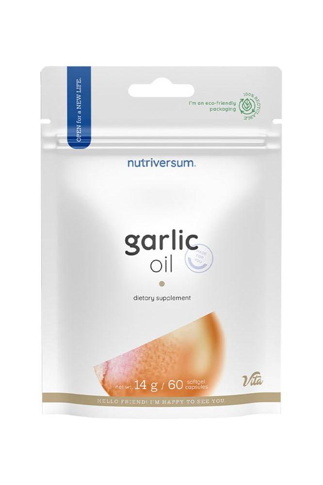 Nutriversum Garlic Oil dietary supplement packaging with 60 softgels, gluten-free and sugar-free.