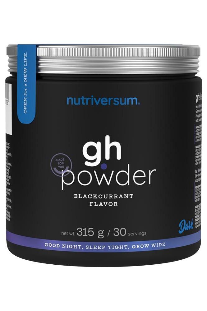 Nutriversum GH Powder in Blackcurrant, 315g container for nighttime recovery and active ingredient support.