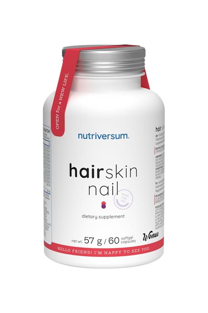 Nutriversum Hair Skin Nail dietary supplement bottle with 60 capsules for healthy hair, skin, and nails.