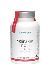 Nutriversum Hair Skin Nail dietary supplement bottle with 60 capsules for healthy hair, skin, and nails.