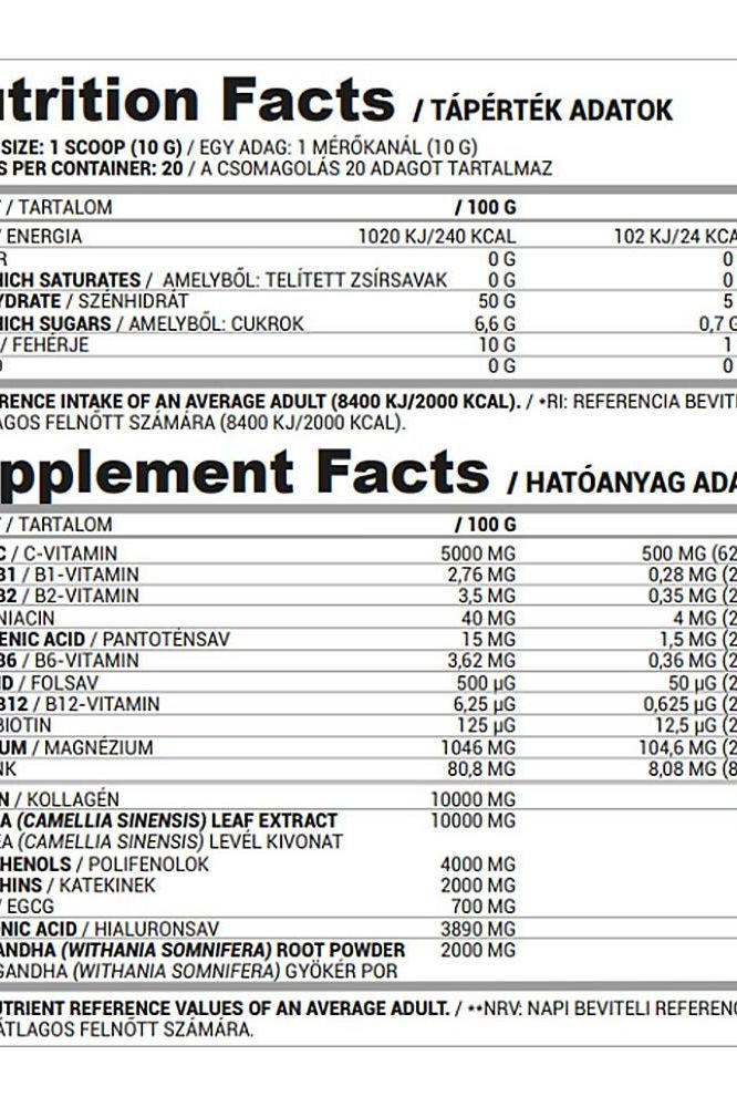 Nutrition facts and supplement label for Nutriversum Hyaluron Heaven WSHAPE, detailing ingredients and nutritional content.
