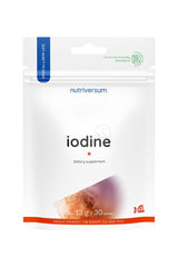 Nutriversum Iodine dietary supplement packaging with 30 tablets, gluten-free and vegan-friendly.
