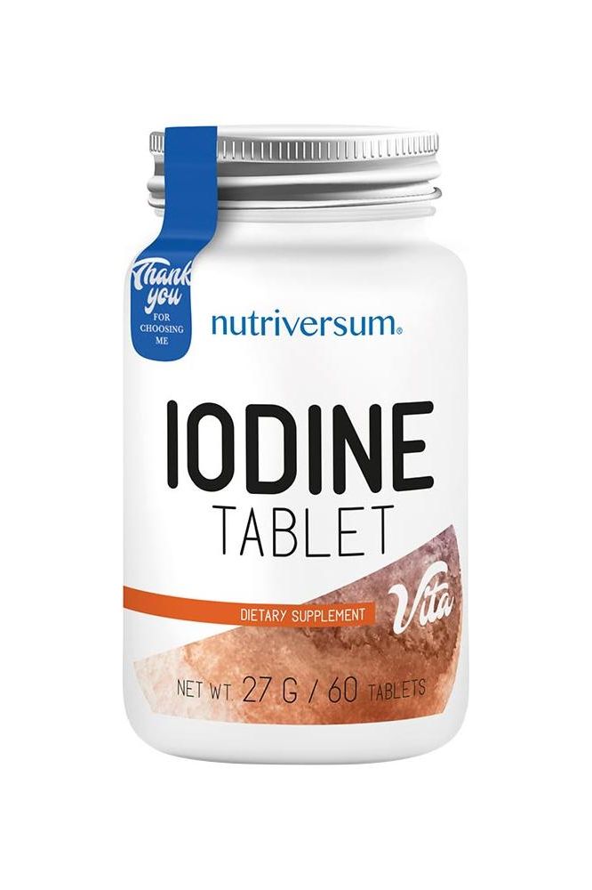 Nutriversum Iodine dietary supplement bottle with 60 tablets, supports healthy thyroid and brain function.