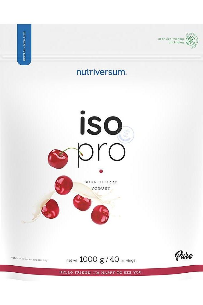 Nutriversum Iso Pro Sour Cherry Yogurt protein powder packaging, 1000g with 40 servings.