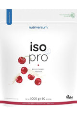 Nutriversum Iso Pro Sour Cherry Yogurt protein powder packaging, 1000g with 40 servings.