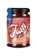 Nutriversum strawberry jam jar with no added sugar, highlighting healthy ingredients and natural sweetness.