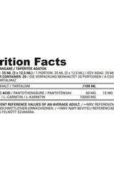 Nutrition facts label for Nutriversum L-Carnitine 2500 mg FLOW showing ingredients and serving sizes.