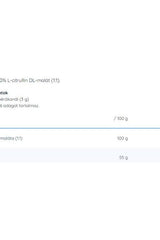 Nutriversum L-Citrullin DL-malat 200g nutrition facts table showing ingredient ratios and serving size.