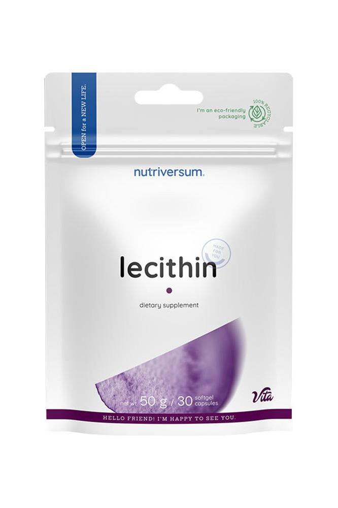 Nutriversum Lecithin dietary supplement package with 30 softgels for mental vitality and cholesterol support.