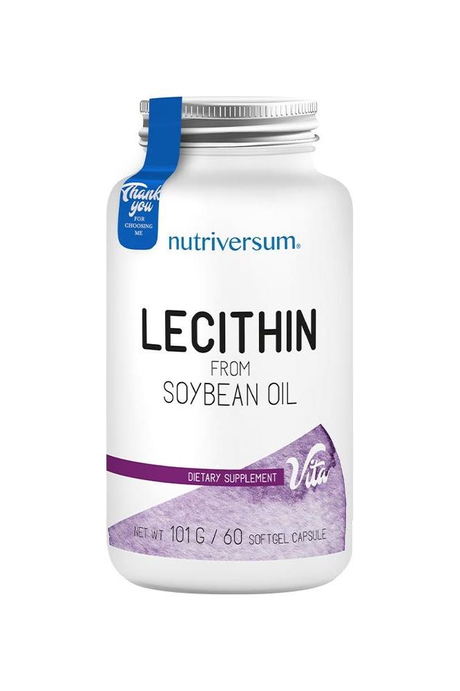 Nutriversum Lecithin dietary supplement from soybean oil, 60 softgels for liver health and cholesterol support.