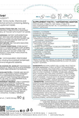 Supplement facts for Nutriversum Liver Support - 60 Tablets showing active ingredients and instructions.