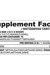 MSM Powder supplement facts label, detailing serving size and ingredients for nutritional information.