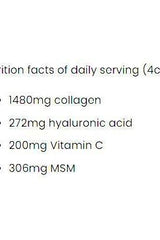 Nutrition facts for Nutriversum MSM+C Hyaluron Collagen: 1480mg collagen, 272mg hyaluronic acid, 200mg Vitamin C, 306mg MSM.