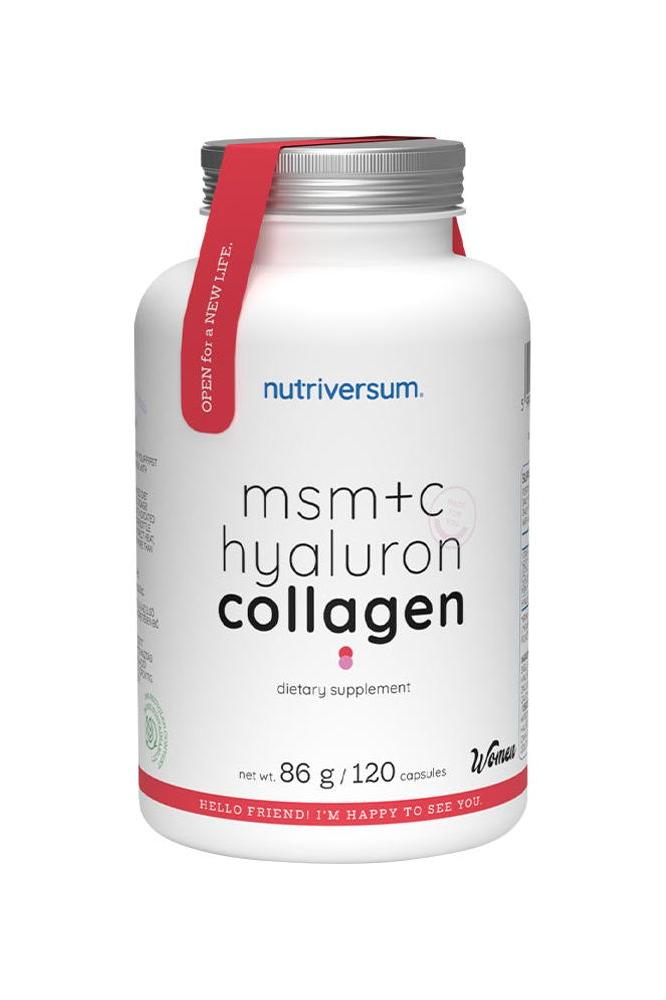 Nutriversum MSM+C Hyaluron Collagen dietary supplement bottle with 120 capsules for women's skin health.