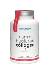 Nutriversum MSM+C Hyaluron Collagen dietary supplement bottle with 120 capsules for women's skin health.