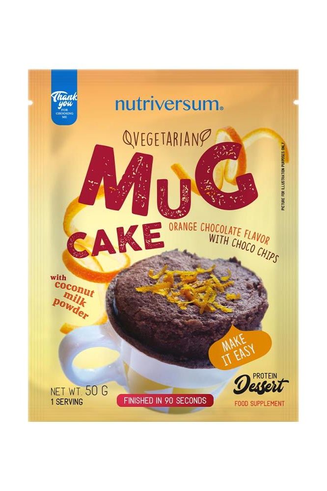 Nutriversum Mug Cake 50g in Orange Chocolate flavor with coconut milk powder and choco chips, ready in 90 seconds.